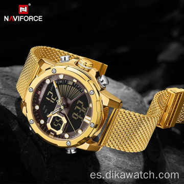 NAVIFORCE 9172 relojes deportivos impermeables para hombres, relojes de pulsera digitales militares con correa de acero de cuarzo dorado, reloj Masculino